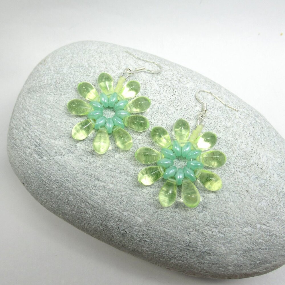Handwoven Uranium Glass drop flower Statement earrings - Picture 6 of 10